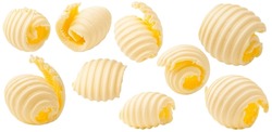 Butter curls rolled up isolated on white background. Set of pieces of butter.