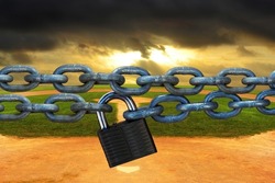 A lock and chain over a baseball field with a dark stormy sky representing the Major League Baseball Lockout.