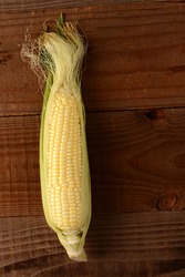 A single fresh picked and shucked ear of corn on the cob on a rustic wood table. The sweet corn is shot from a high angle in vertical format.