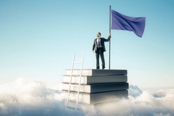 Businessman with flag standing on abstract book stack with ladder on sky and clouds background. Growth and leadership concept