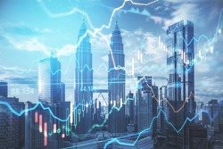 Stock market business concept with financial chart with diagram and graphs at megapolis city background. Double exposure