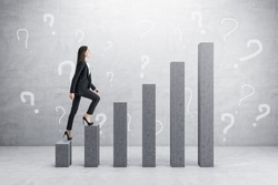 How to succeed and career ladder concept with businesswoman walks up the growing columns on grey wall with question marks background, monochrome