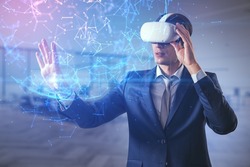 Attractive young european businessman in VR glasses using global polygonal interface on blurry office interior background. Metaverse and augmented reality concept. Double exposure