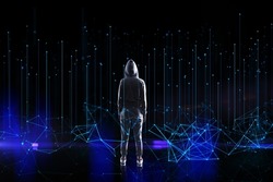 Back view of hacker in hoodie looking at abstract polygonal lines on dark background. Big data, technology, metaverse and future concept