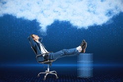 Attractive young european businessman laying on chair on blurry digital blue background with abstract cloud. Cloud computing, big data and digital transformation concept
