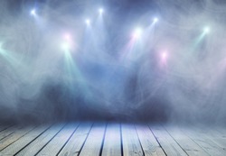Abstract grey stage with smoke and spot lights. Presentation concept