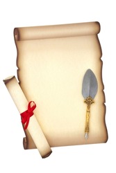 Old fashioned parchment scroll with quill pen and rolled scroll tied with red ribbon. Manuscript, diploma or letter composition. Flat lay, copy space on white background.