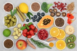 Vegan and vegetarian food collection for immune system boost. Health food high in antioxidants, polyphenols, flavonoids, anthocyanins, fibre, vitamins, minerals. 