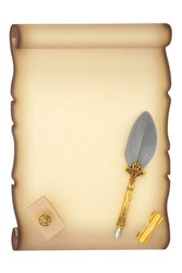 Parchment paper document scroll with ornate feather quill pen, blotter and pen rest. Manuscript, diploma or letter composition. On white background. Copy space for text.