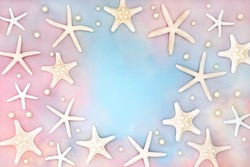 Starfish and pearl seashell border on rainbow sky cloud background. Abstract ethereal summer nature composition. Flat lay, top view, copy space.