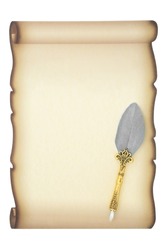 Parchment paper scroll with feather quill pen on white background. Manuscript, diploma, document or letter composition. Old fashioned retro theme. Copy space for text.