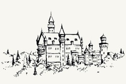 Famous gothic king mansion on white sky text space. Line black ink hand drawn royal home icon sign symbol design in retro art cartoon style. Outdoor rock hill place summer valley nature scenic view