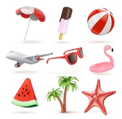 Set of toy beach umbrella, watermelon, glasses, airplane, inflatable ball and circle, palm trees, starfish, ice cream on white background. Vector illustration