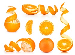 Collection of orange, slice and orange peeled skin isolated white background