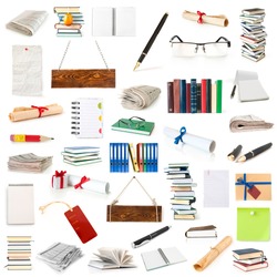 books, pages, notebooks, papers and pen collection isolated on white