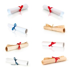 collection of rolls white paper and papirus with ribbons isolated on white