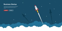 Picture of rocket flying above clouds, business startup banner concept, flat style illustration