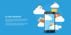 flat style concept banner, cloud storage, cloud service, picture of smartphone with clouds and set of icons