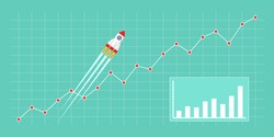 Flat style illustration with spaceship. Rocket flying on chart, graph going up. Business growth concept for Chart, Graph, New Business, Growth, Investment.