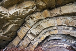 Interesting geological formation in Carpathian mountains. Anticlinal fold.