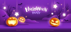 Happy Halloween. Group of 3D illustration glowing pumpkin on treat or trick fantasy fun party celebration purple background design.
