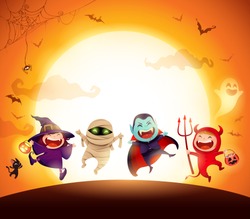 Halloween Kids Costume Party. Group of kids in Halloween costume jumping in the moonlight. Orange background.