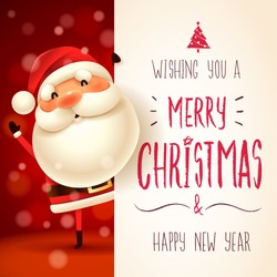 Santa Claus with big signboard. Merry Christmas calligraphy lettering design. Creative typography for holiday greeting.