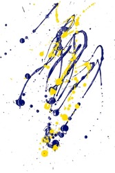 Drops of yellow and blue paint on a white paper background. Close-up