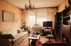 Interior of an old room, ordinary look of a home from Balkans from 80's. 