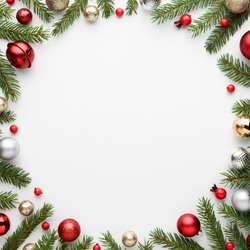 Christmas card with round frame on white background. Blank with copy space for advertising text. Top view, flat lay