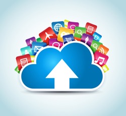 This image represents a cloud upload with apps illustration. / Cloud Apps