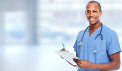 African-american doctor man. Health care medical background.
