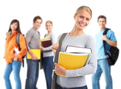 Happy student girl with book and a group of students. Isolated over white background.