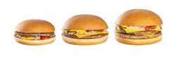 Set of 3 burgers on a white background. Hamburger, cheeseburger, double cheeseburger. 