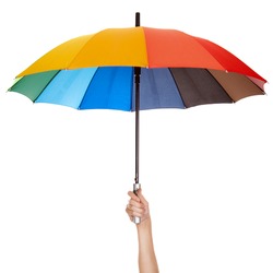 Holding multicolored umbrella isolated
