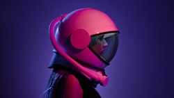 Woman in a space helmet. Multi-colored neon lighting.