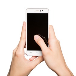 Woman holding smartphone in her hands. Finger touching black display. Isolated on white background.