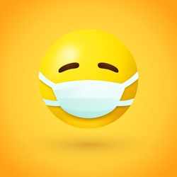 Emoji with mouth mask - yellow face with closed eyes wearing a white surgical mask