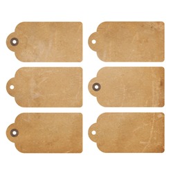 Set of six brown grunge gift tags isolated on white