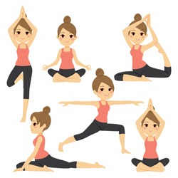 Set with beautiful woman exercising various different yoga poses training