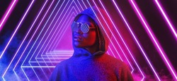 3d render, ultraviolet neon triangular portal, glowing lines, tunnel, corridor, virtual reality, abstract fashion background with afro girl, violet neon lights