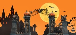 Illustration for the holiday of halloween 2021. Panorama of a sinister village. Halloween panorama with castle, cemetery and abandoned village. 