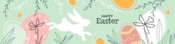 Happy Easter banner. Trendy Easter design in pastel colors. Modern minimal style with hand drawn leaves, eggs and plants. Best for invitations, greeting cards and advertising needs. Vector illustratio