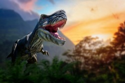 Tyrannosaurus Rex in the jungle. Huge dinosaur against the mountain background of a prehistoric forest at sunset