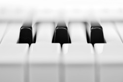 Close-up of piano keyboard. Close frontal view