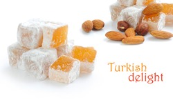 Turkish delight (lokum) with nuts on white background