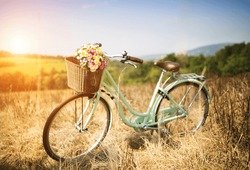 Vintage bicycle with basket full of flowers standing in the field