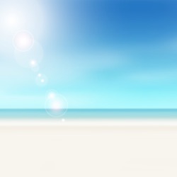 Beach scene - summer horizon background with lens flares - sunny vacation concept with blue sky, water and sand