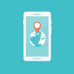 Smartphone with globe and location marker icon vector illustration in flat style