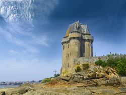 Port Solidor at low tide and the Solidor tower, Saint Malo in Brittany, France.